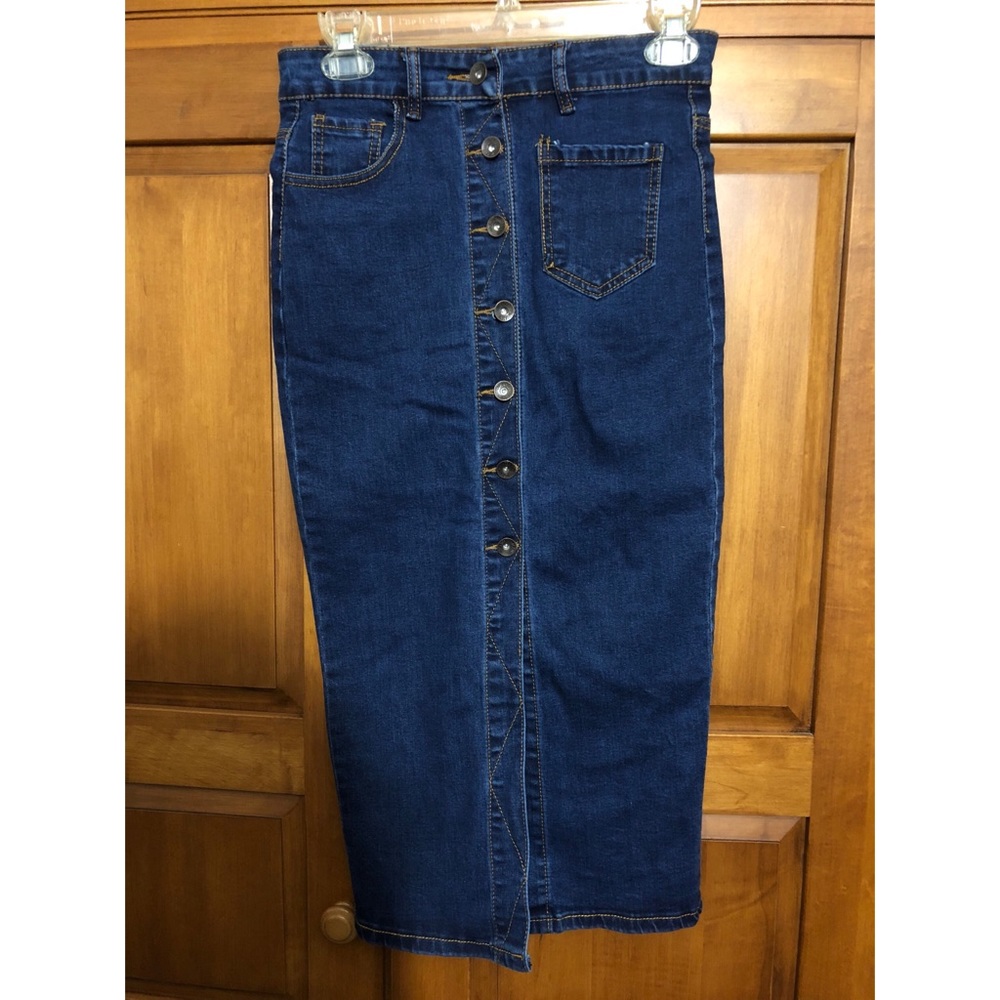 high waist denim midi skirt